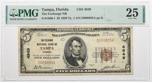 1929 $5 PMG 25 Tampa FL National Bank Note Charter 4949 Florida - Picture 1 of 2