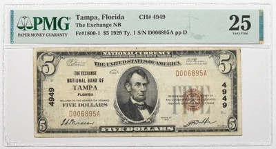 1929 $5 PMG 25 Tampa FL National Bank Note Charter 4949 Florida - Image 1 of 2