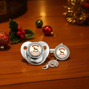 Baby Pacifier & Clip Set – Rocking Horse Merry Christmas Design – Holiday Gift - Picture 1 of 13