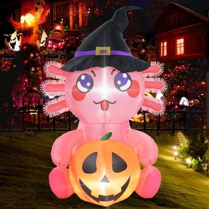 5FT Halloween Inflatable Axolotl with Pumpkin Cute Happy Halloween Blow Up Ou... - Bild 1 von 7