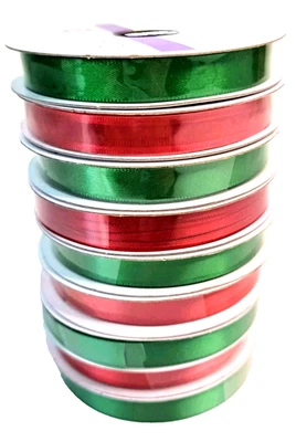 Celebrate It Red Green Ribbon 3/8" 135 Yards Glossy Sheer Satin Gift Christmas - Image 1 of 4