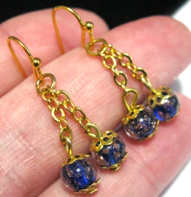 Cobalt Blue Venetian Italian Murano Glass Gold Foil Bead Vintage Chain EARRINGS - Image 1 of 4