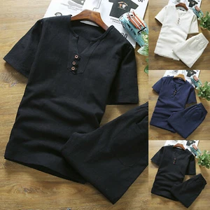 Men Cotton Linen Shorts Set V-neck Short Sleeve T-Shirt Short Pants Sports Suit - Picture 1 of 14