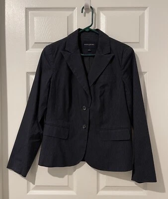 Chaqueta Blazer Banana Republic Azul Oscuro Rayas Forrada Mezcla de Lino Talla 8 Usada en Excelente Condición Foto 1 de 4