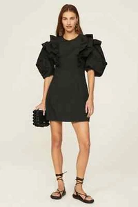 NEW RHODE VARJA DRESS MINI SILK RUFFLE LACE PUFF SLEEVE LINEN BLACK SIZE 4 *I - Picture 1 of 4