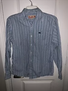 Point Zero Mens Blue Striped Button Down Shirt M 100% Cotton Bear Logo - Picture 1 of 19