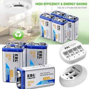 EBL 600mAh 9V Lithium-ion Rechargeable Batteries / optional  Charger Lot - Picture 1 of 28