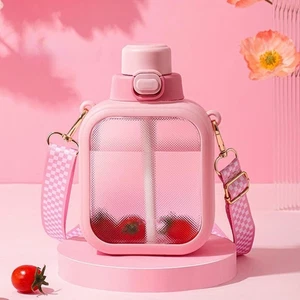 24 Oz Square Transparent Water Bottle,Cute Portable Travel Adjustable Strap - Picture 1 of 11