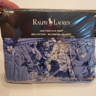 NIP Vintage HTF Ralph Lauren Isadora Delft Blue & White Floral Twin Flat Sheet - Image 1 of 4