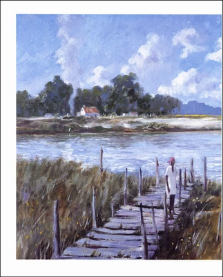 Imagen de pintura al óleo Savannah Lowcountry Dock Georgia Sea Coast 1994 impresión vintage Foto 1 de 3