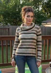 Suéter Vintage Antiguo Azul Marino 100% Lana Cuello Alto Mujer L Rayas Años 90 Y2K Friends - Imagen 1 de 6