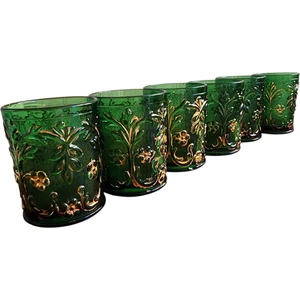 Set aus 6 antiken EAPG grünen Glasbechern mit gold vergoldeten Blättern & Blumen Pat... - Bild 1 von 6