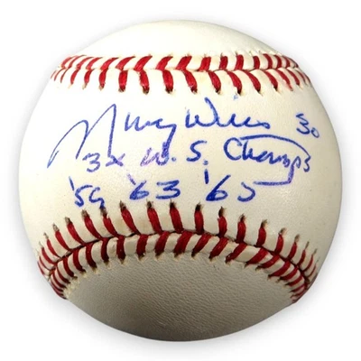 Maury Wills Signed Autographed NL Baseball "3X WS Champs 59 63 65" JSA W932950 - Image 1 of 3