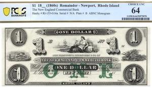 1860s $1 New England Commercial Bank, Rhode Island Obsolete - PCGS 64! Beauty! - Picture 1 of 3