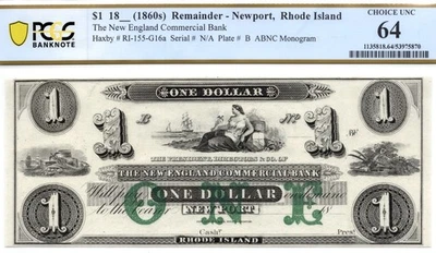 1860s $1 New England Commercial Bank, Rhode Island Obsolete - PCGS 64! Beauty! - Image 1 of 3