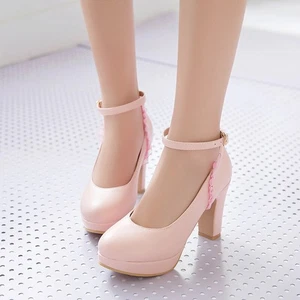 Women's Shoes Lace Platform Thick Heel Buckle High Heel Round Toe Cute Party - Picture 1 of 14