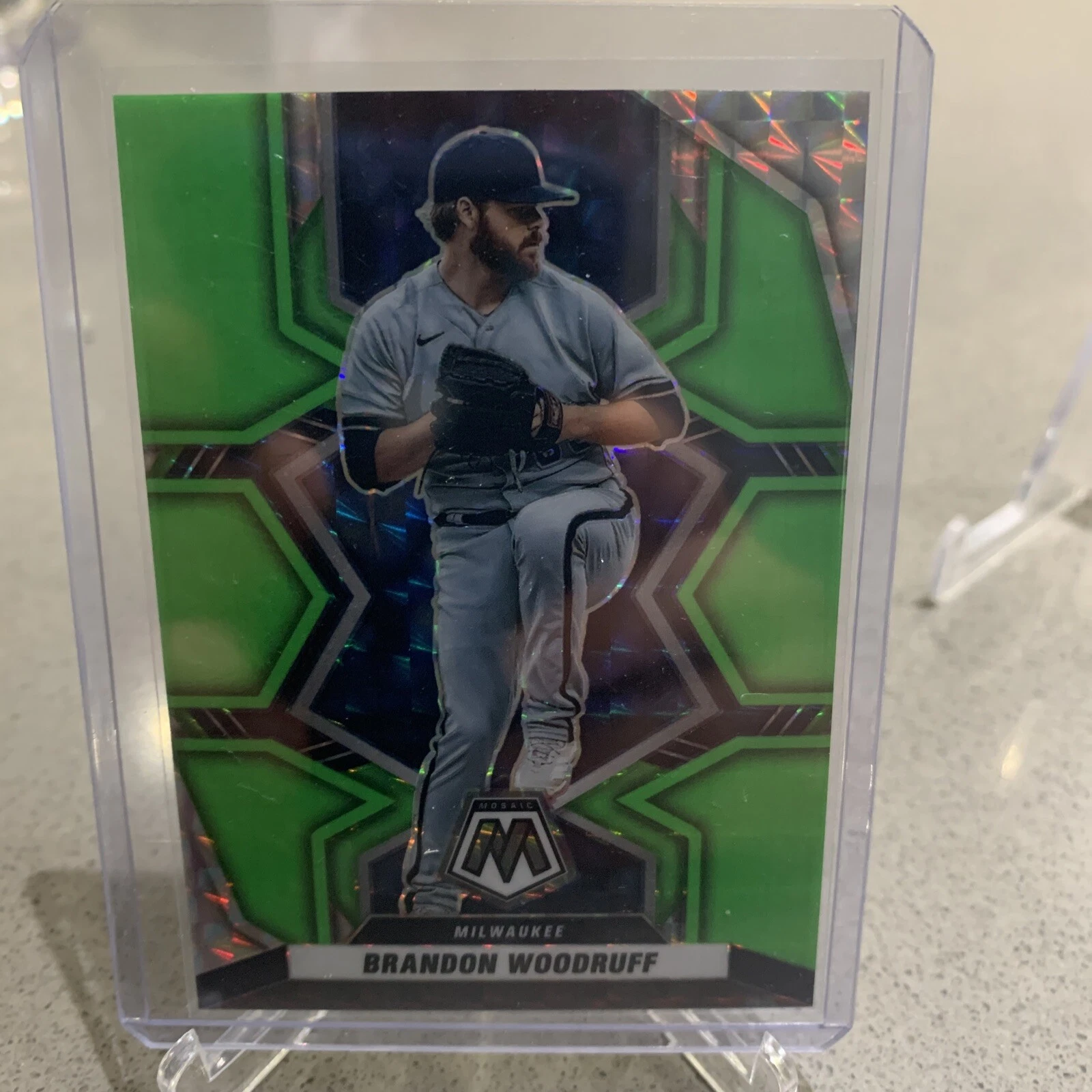 Brandon Woodruff 2022 Panini Mosaic Lime Green Prizm #07/10 SP Brewers #154