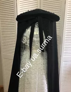 Black Wool Hooded Cloak with Lace, Wool Hooded Coat Lace, Halloween Cape, Wool H - Picture 1 of 3