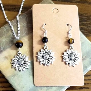 Sunflower Jewelry Set Tigers Eye Sunflower Necklace Silver Sunflower Earrings - Picture 1 of 5