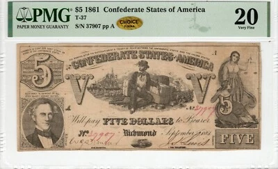 T-37 PF-1 1861 $5 Confederate Paper Money - PMG Very Fine 20 - CHOICE! - Image 1 of 2