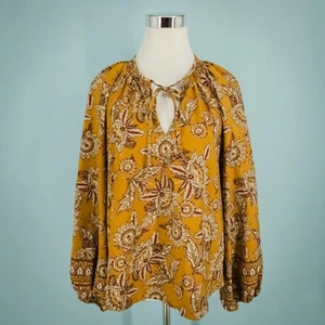Evereve Size Large L Marigold Yellow Britta Border Floral Print Tie V Neck Top - Picture 1 of 7