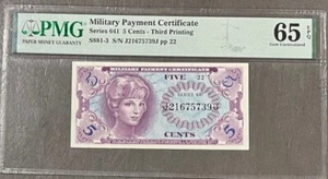Series 641, 5 Cent Military Payment Certificate Third Printing PMG 65 EPQ Gem - Picture 1 of 4