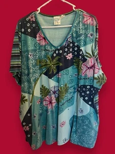 Roaman’s 3X Blue Floral Caribbean Bahamas Antigua Tropicana Tropical Cotton Top - Picture 1 of 9