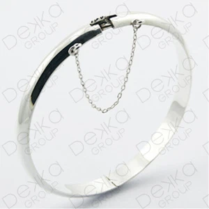 925 Sterling Silver Classic Bangle Bracelet Solid Golf Hinge Safety Chain Women - Picture 1 of 2