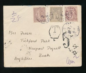 FRANKREICH 1904 FRANKATUR SÄMANN BLANC ALLEGORIE + PORTO FÄLLIG 5d in GB NEWPORT PAGNELL - Bild 1 von 1