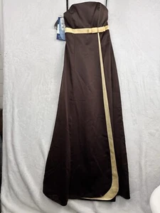 Abito vestito smanicato Alfred Angelo formale marrone giallo fiocco lungo nuovo con etichetta - Foto 1 di 15