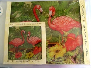 PINK FLAMINGO Tempered Glass Cutting Board and Trivet Set - Picture 1 of 6