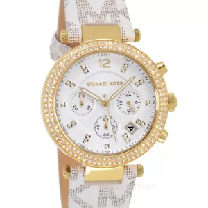 Michael Kors Parker Womens Gold Chronograph Glitz Watch White Dial MK Cream PVC - Picture 1 of 8