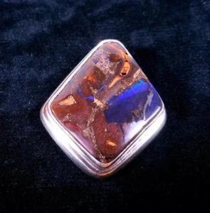 Vintage natural boulder opal necklace blue flash open back Silver bezel pendant - Picture 1 of 9
