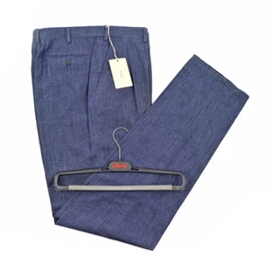 NWT BRIONI Dark Blue Chambray 100% Cotton Denim Flat Front Dress Pants 46 30 - Picture 1 of 6
