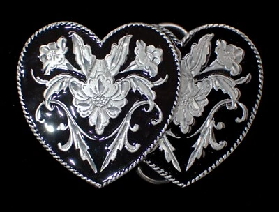 DIAMOND CUT WESTERN DOUBLE HEARTS BELT BUCKLE SISKIYOU PEWTER US MADE - Image 1 of 2