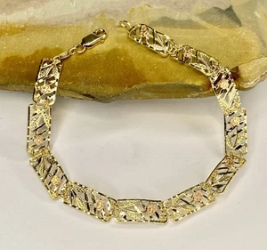 Brazalete vintage de eslabones con panel de flores de oro amarillo y rosa de 10 quilates de 7,5" de 4,2 gramos - Imagen 1 de 13