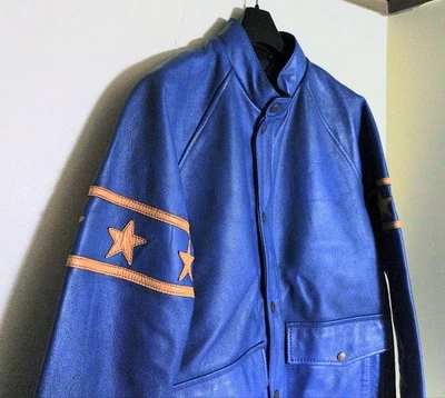 SCHOTT Blue Leather Jacket with Star Embroidery M - Image 1 of 4