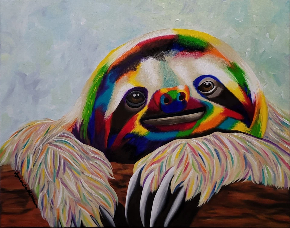 Lazy Sloth Resting On Log Colorful Art Print Of Painting By Amanda Norman - Image 1 of 1
