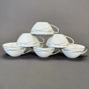 Jyoto Fine China Grace Coffee Tea Flat Cups Set of 6 Silver Trim Wheat Mikasa - Picture 1 of 8