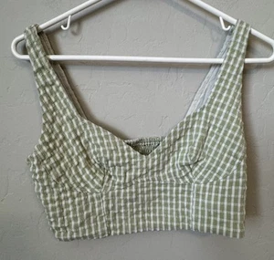 Women’s XS Crop Top Green Gingham Milkmaid Cottagecore Prairie Sweetheart Bra - Picture 1 of 5