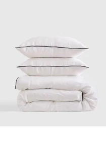 NWOT QUINCE EUROPEAN LINEN PIPED DUVET COVER SET King/Cali WHITE W/ BLACK - Picture 1 of 3