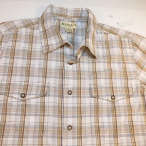 HONOLULU SURF CO. HAWAII ALOHA SURFER BUTTON FRONT SHIRT Mens S Brown Plaid - Picture 1 of 3