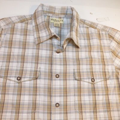 HONOLULU SURF CO. HAWAII ALOHA SURFER BUTTON FRONT SHIRT Mens S Brown Plaid - Image 1 of 3