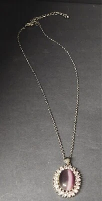 Ovil 紫色老虎眼带粉红色水钻银色吊坠银色链 — 第 1/4 张图片