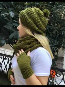 Scarf Gloves Hat Set for Womens- Crochet Khaki Beanie with Pompom Scarf Matching - Picture 1 of 2