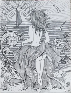 Original Drawing " Sunrise ", Ink On The Paper, Unframed, 9/12 Inch, New. - Picture 1 of 5