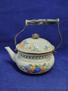 Vintage 1981 M. Kamenstein emaillierter floraler Teekessel ~ Messing & Holzgriff - Bild 1 von 17