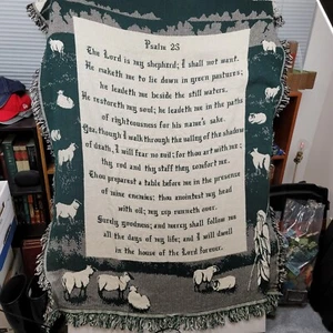 Woven Throw Blanket Psalm 23 Lord Is My Shepherd Pastoral Fringed 100% Cotton - Picture 1 of 24
