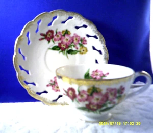 *VINTAGE ENESCO JAPAN FINE BONE CHINA W/ PURPLE FLOWERS CUP & SAUCER - Bild 1 von 3