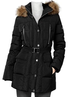 迈克高仕黑色腰带羽绒外套夹克毛皮装饰帽 XS,L $320 — 第 1/4 张图片